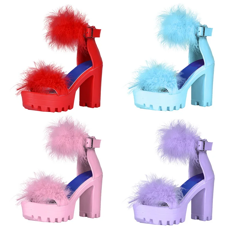 

Dihope Summer Advanced Fur High Heel Sandals Women fluffy Open Toe Ankle Strap Platform Chunky Block Sexy Party Wedding Shoes