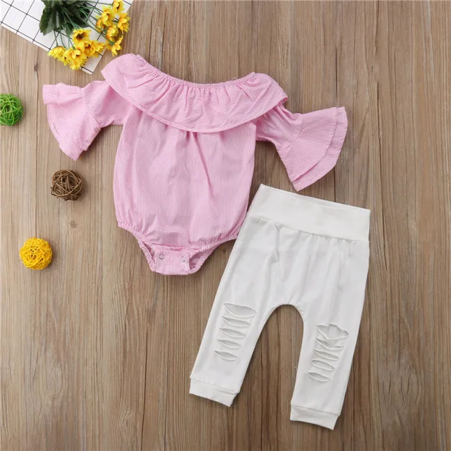 2PCS Baby Girls Clothing Set Girls Off Shoulder Romper +White Ripped Jeans Pants Infant Pink Outfits Newborn Clothes Sets