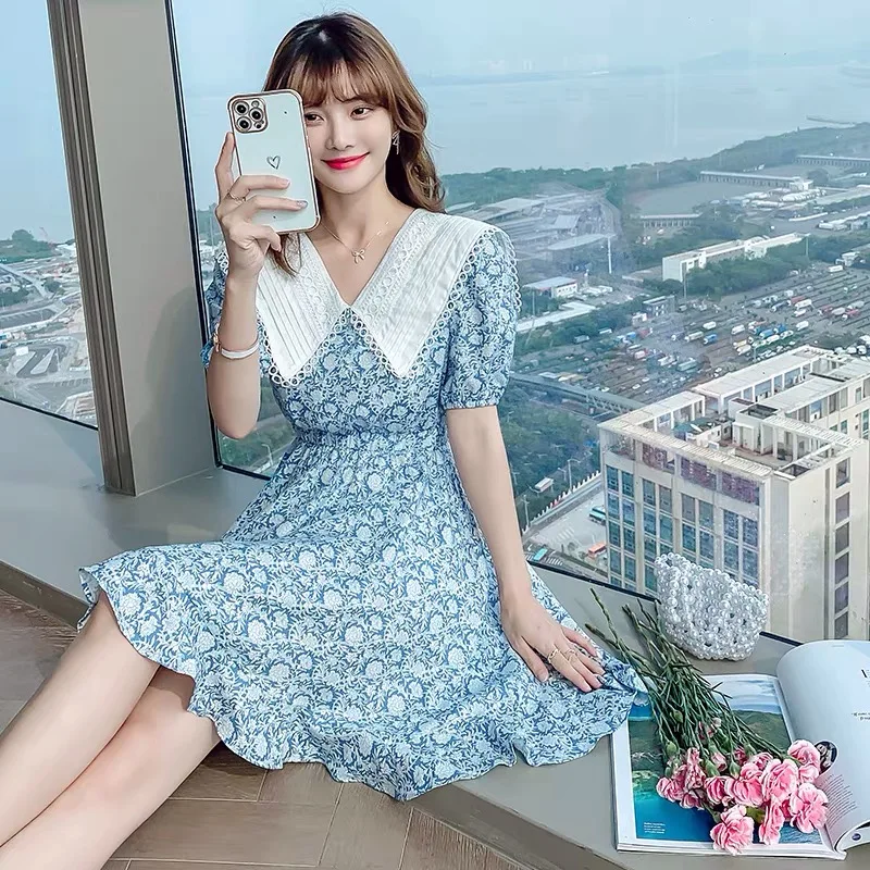 

2024 Summer Blue Floral Chiffon Sexy Mini Dress Vintage Korean Beach Sweet Dresses Elegant Women Bodycon Party Runway Vestidos