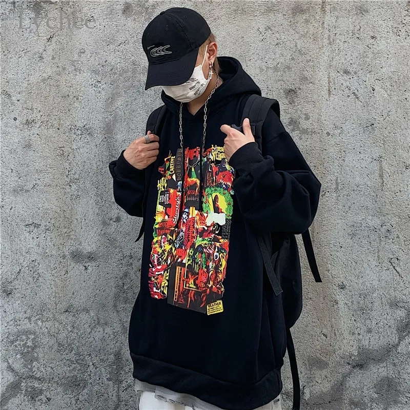 Личи Harajuku Повседневное свободные женские Флисовые толстовки пуловеры в стиле «граффити» Для женщин на флисе с капюшоном; Свитшот осень дамские свитшоты