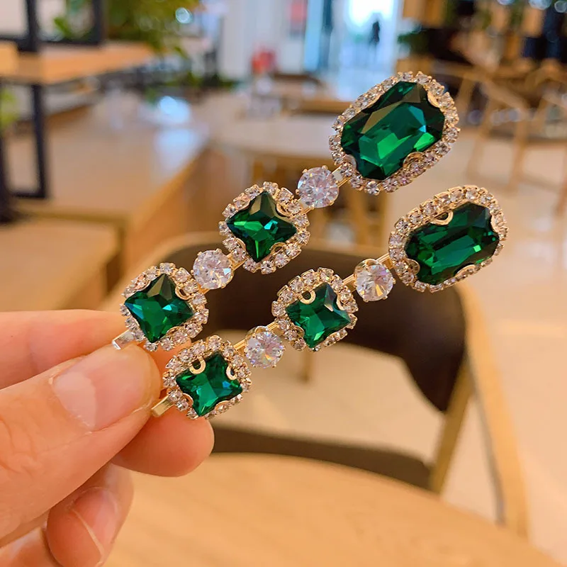 

2020 Styling Fashion Green Gem Rhinestones Hair Clip For Women Girls Geometric Hair Barrette Hairpin Hair Accessories