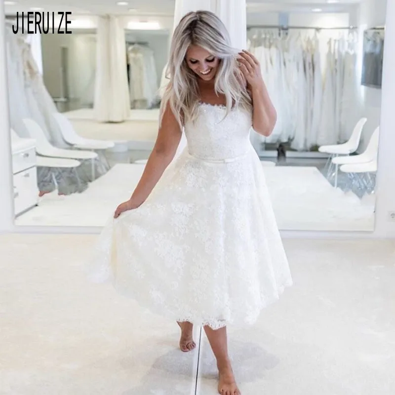 JIERUIZE New Short Boho Wedding Dresses Scoop Neck Bow Sashes Appliques Gowns Lace Up Back Bridal robe de mariee | Свадьбы и