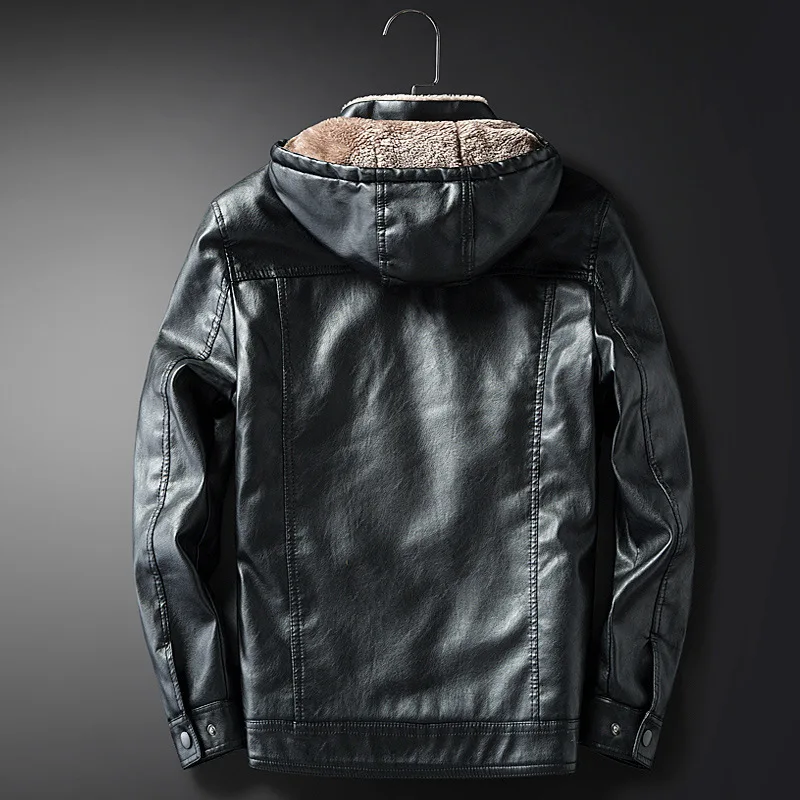 

New Male PU Leather Jacket Fleece Lining Punk Stand Collar Jacket Men Hooded Zipper Male Coats Slim Fit Motorcycle Outwear