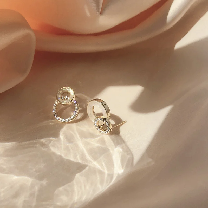 2021 Korean Simple Double Circle Gold Color Metal Rhinestone Drop Earrings For Women Fashion Small Pendientes Jewelry Gifts - Image 5