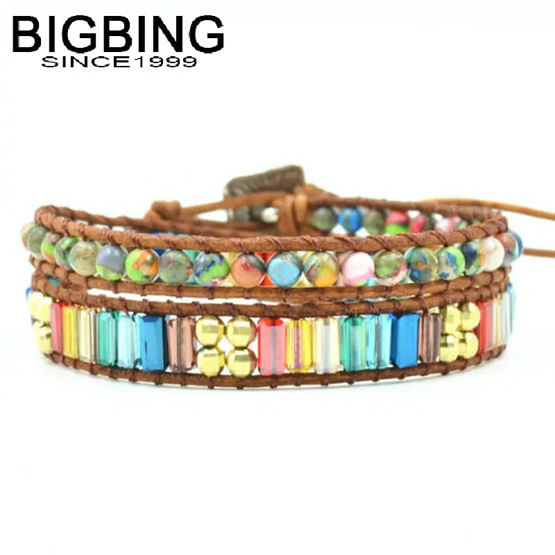 B026 BIGBING ювелирные изделия Модные Золотые бусы хрустальные камни бусины коричневый кожаный браслет ручной работы модные ювелирные изделия Высокое качество