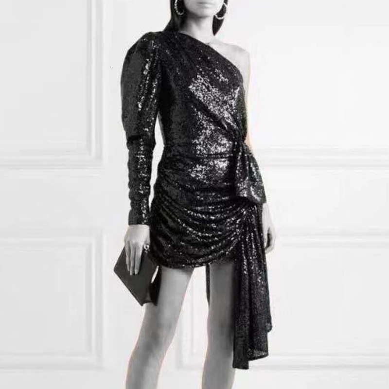 TWOTWINSTYLE лоскутное расшитое блестками женское платье асимметричный воротник одно плечо с высокой талией Необычные платья для женщин Мода - Цвет: black