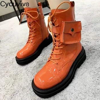 

Orange Patent Leather Chelsea Ankle Books For Women Desginer Pocket Platform Boots Lace Up Flat Knight Boots Runway Botas Mujer