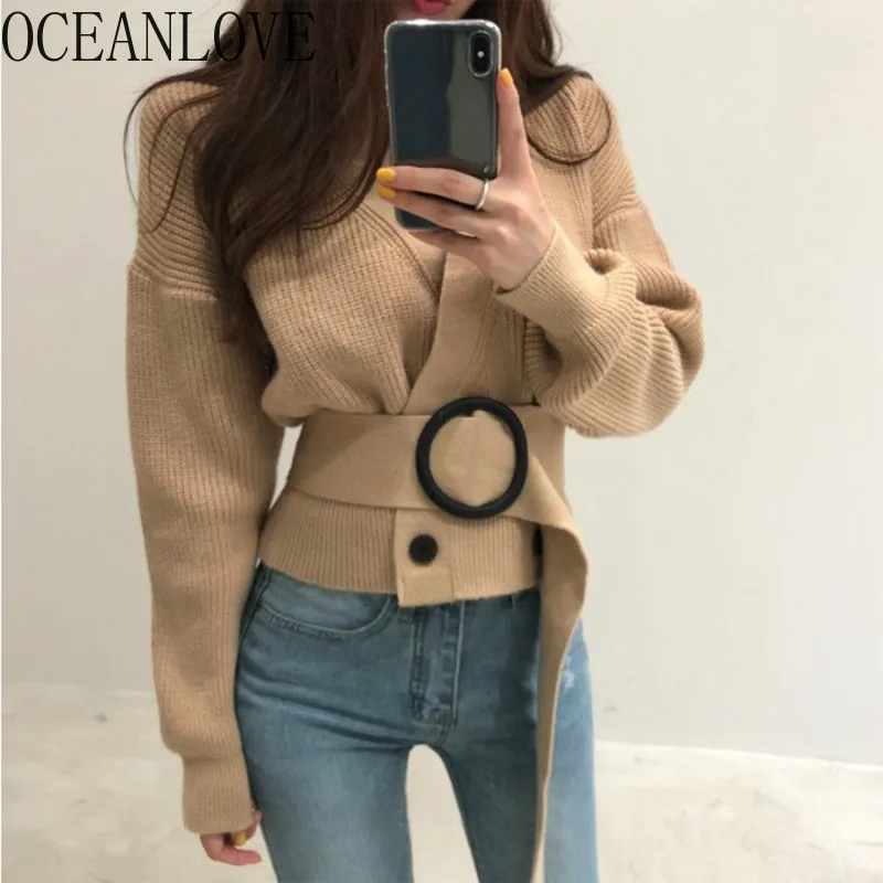 

OCEANLOVE solid short cardigans korean fashion Double Breasted sweaters women 2019 autumn v neck retro chaqueta mujer 13046