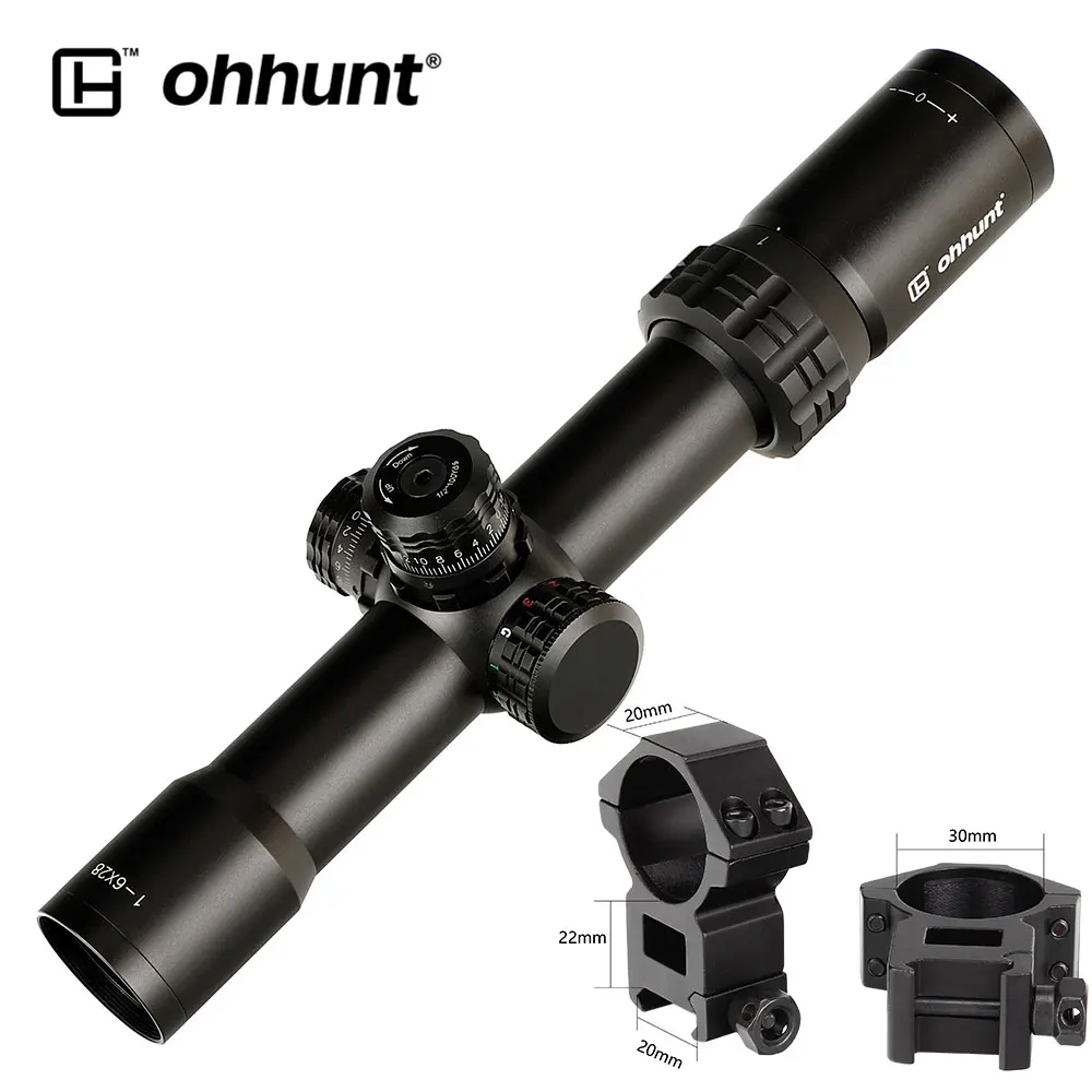 Ohhunt тонкий край 1-6X28 ИК прицелы для охоты Mil Dot стекло травление сетка RGB Освещение турели замок сброс съемки область - Цвет: High Picatinny Rings