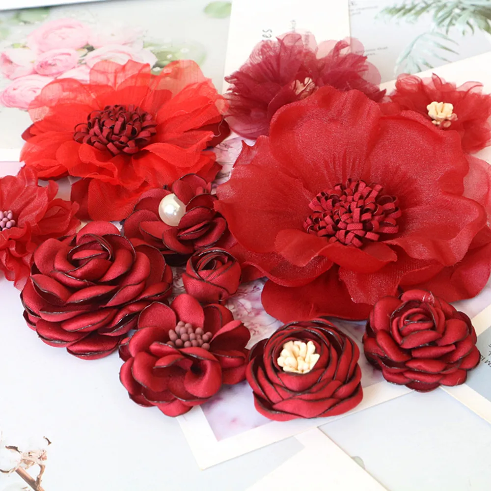 Elegant Red Chiffon Rose Camellia Flowers - Set of 10 for Weddings and Dress Embellishments