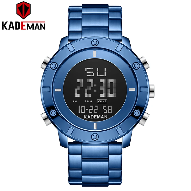 BLUE Топ люксовый бренд Kademan новые мужские спортивные часы полный стальной ремешок светодиодный двойной дисплей Модные кварцевые наручные часы водонепроницаемые K9151G - Цвет: BLUE