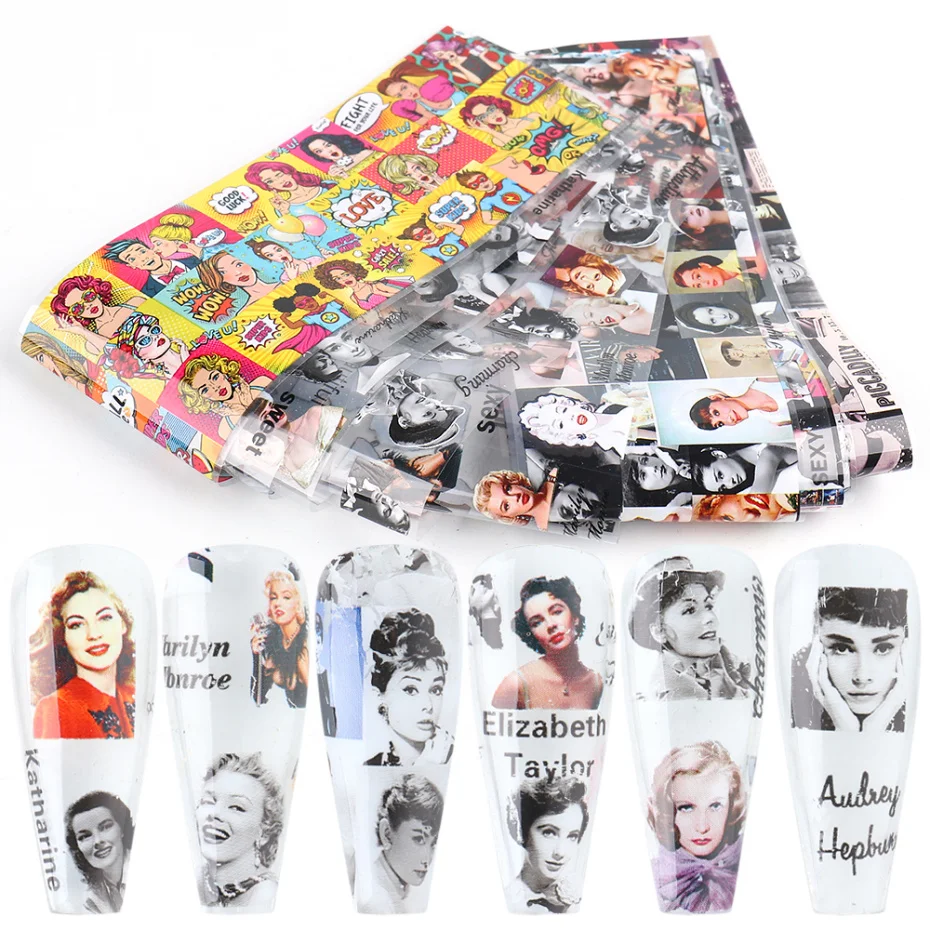 10pcs Foil Nail Art Sticker Star Monroe Hepburn Pattern Adehesive Transfer Paper Wraps Decals Manicuring Decoration LA6210 | Красота и