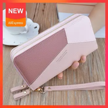 

2020 New Double Zipper Hand Bag Wallet Ladies Long Splicing Contrast Color Large Capacity Wallets Mobile Phone Pouch Handbag