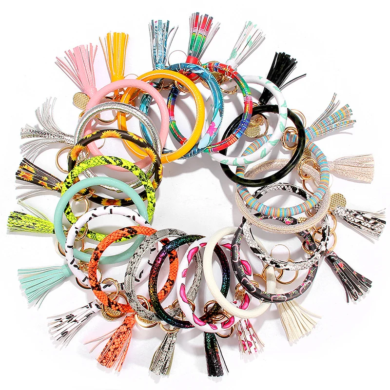 

Trendy Multiful Color Tassel Keychain Enamel PU Leather O Key Chain Monogram Circle Wristlet Keychain For Women Girls Jewelry