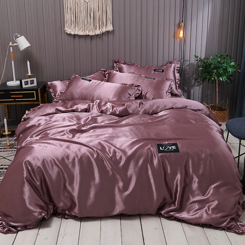 Sisher Pure Satin Silk Luxury Bedding Set Adult Duvet Cover Sets Pillowcase Size Single Double Queen King Bed Sheet Bedclothes