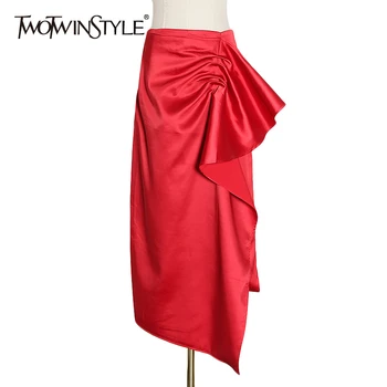 

TWOTWINSTYLE Casual Asymmetrical Leopard Skirt For Women High Waist Irregular Side Split Midi Skirts Female Fashion Clothing New