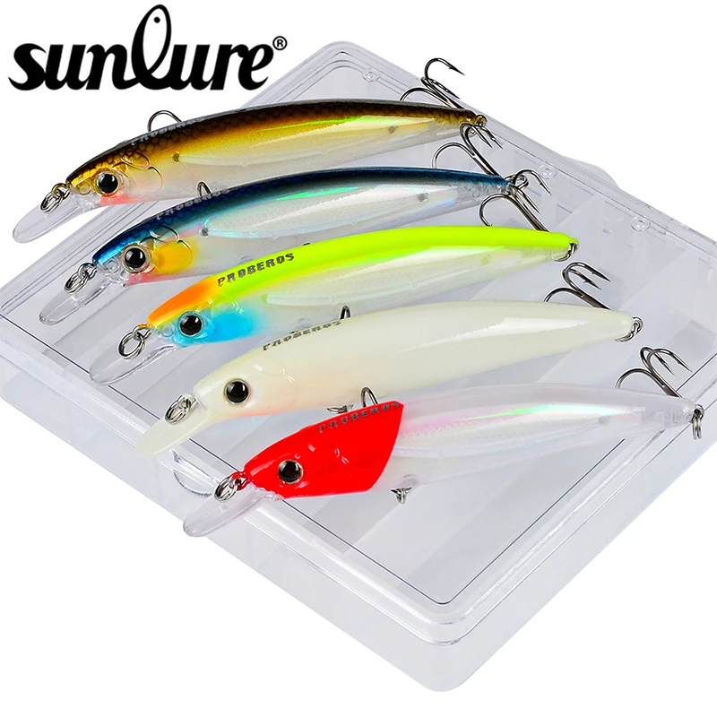 Sunlure 5pcs Mixed Color Fishing Lure Set Sinking Minnow bait Artificial Hard Bait Fishing bait Wobbler with Fishing Tackle Box