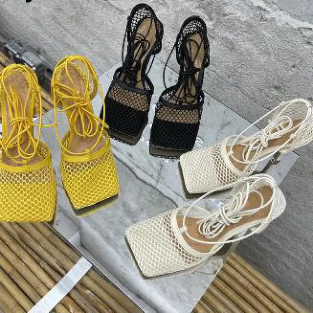 2021 New Sexy Yellow Mesh Pumps Sandals Female Square Toe High Heel Lace Up Cross Tied Stiletto Hollow Dress Shoes Ytmtloy 5