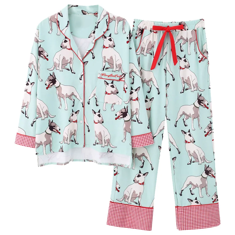 Клетчатый кардиган с подшитыми краями, пижамные комплекты, женские осенние хлопковые пижамы с длинными рукавами, пижама с животными, собака, женский домашний костюм, пижамы de mujer