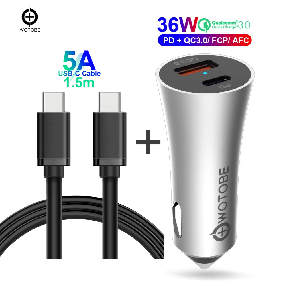 

36W 2-port QC 3.0 Car Charger For iPhone/iPad/Samsung AFC, for Huawei SCP FCP /XIAOMI PD18W Cell Phone Charger USB C Cable