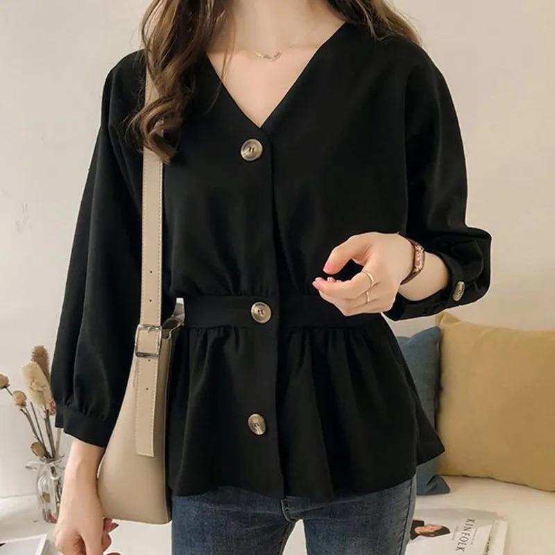 

Women's Casual V Neck Button Up Slim Ruffles Waist Long Sleeve Solid Blouse Batwing Sleeve Shirt Women Tops Female Autumn