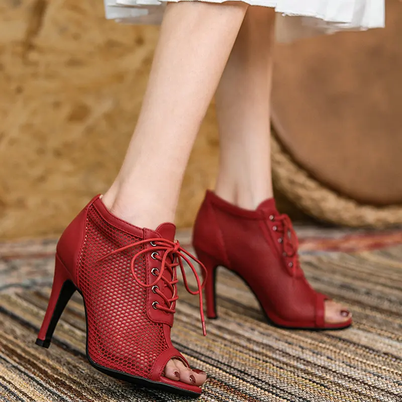 

New Women Sandals High Quality Air Mesh Sexy High Heels Open Toe Gladiator Sandal Black White Fashion Lace-up Mesh Single Shoes
