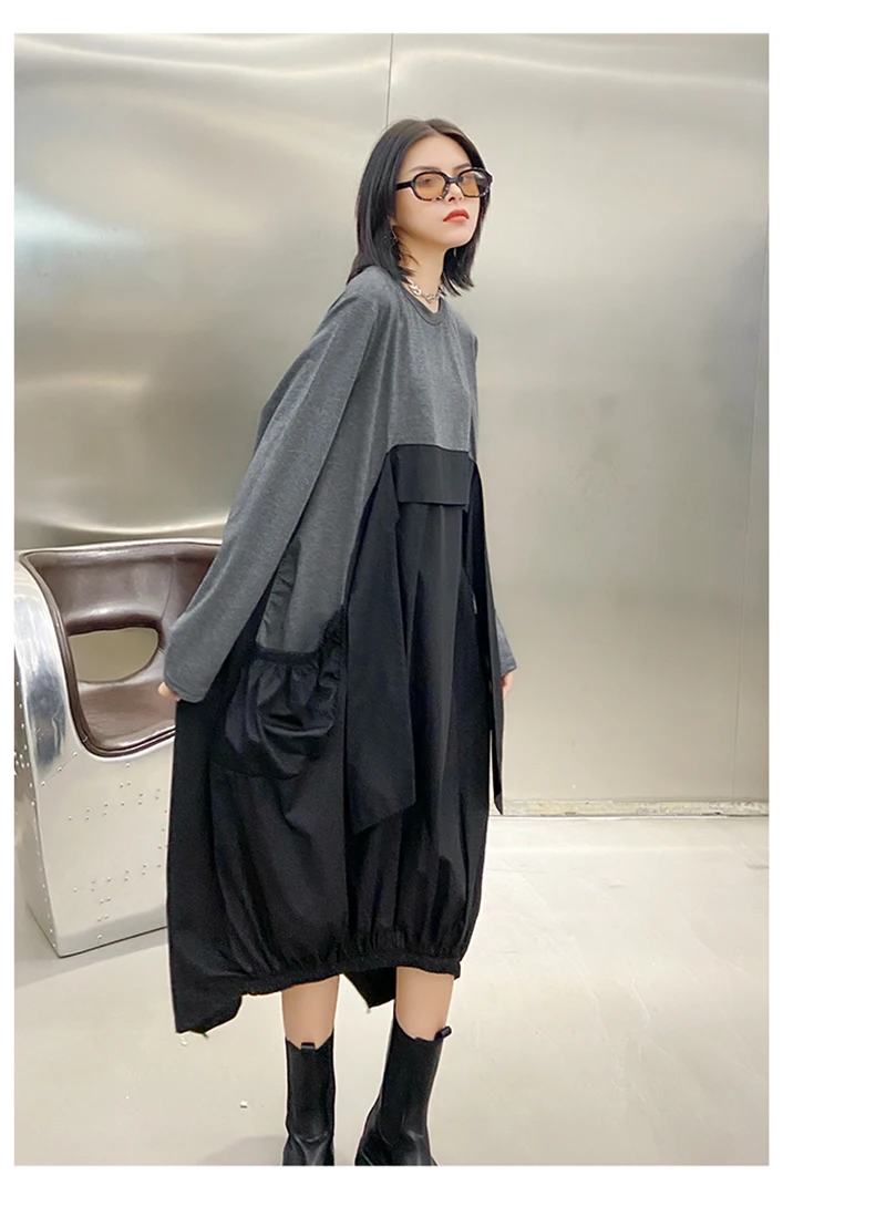 [EAM] Women Gray Contrast Color Big Size Dress New Round Neck Long Sleeve Loose Fit Fashion Tide Spring Autumn 2020 1DA259