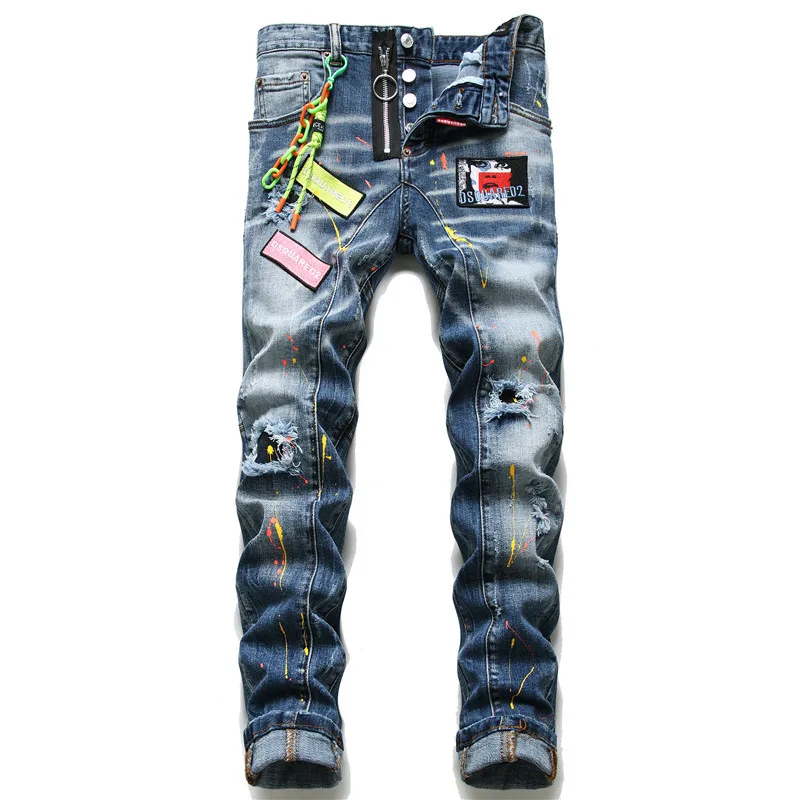 

2Y micro elastic washed blue mid waist perforated beggar jeans men's autumn and winter retro spray paint pasted straight pants