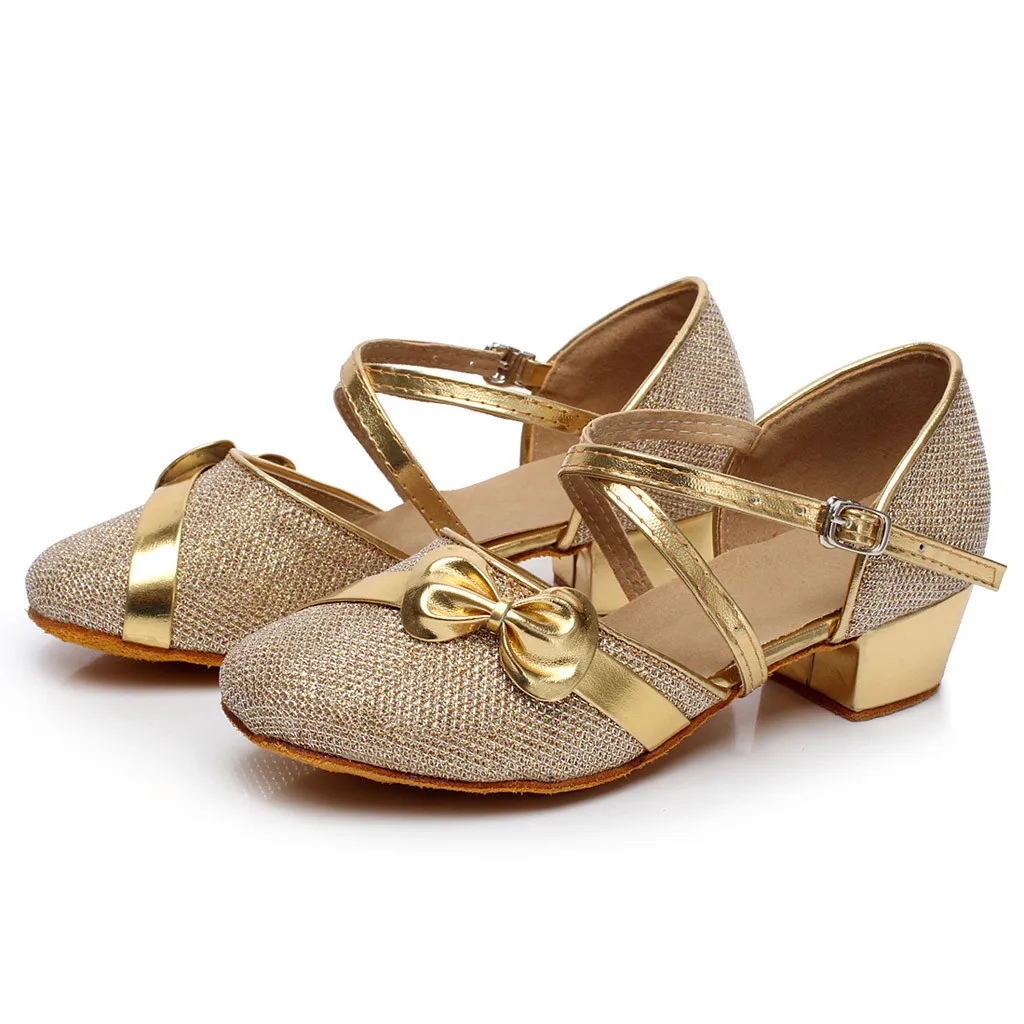 

Toddler Baby Kids Girls Shining Bowknot Bandage Party Dancing Ballroom Tango Latin Single Sandals Anti-slip Princess Shoes