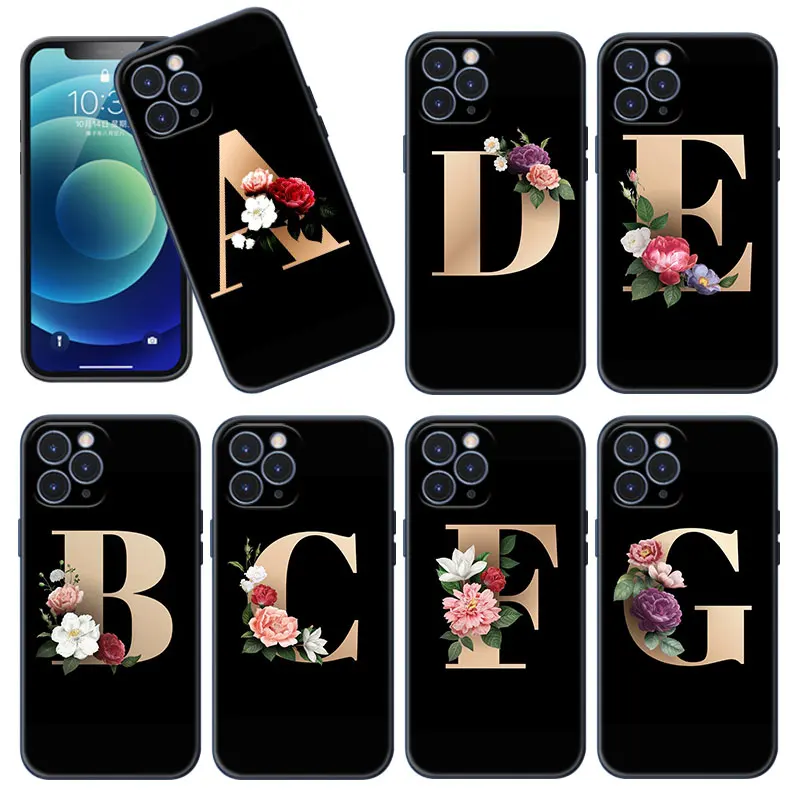 Lettera Gold Flowers A L Custodia Per Apple Iphone 12 13 Mini 11 Pro Max Xr X Xs Max 8 7 6S 6 Plus Se 5S 5 2020 Soft Black Cover