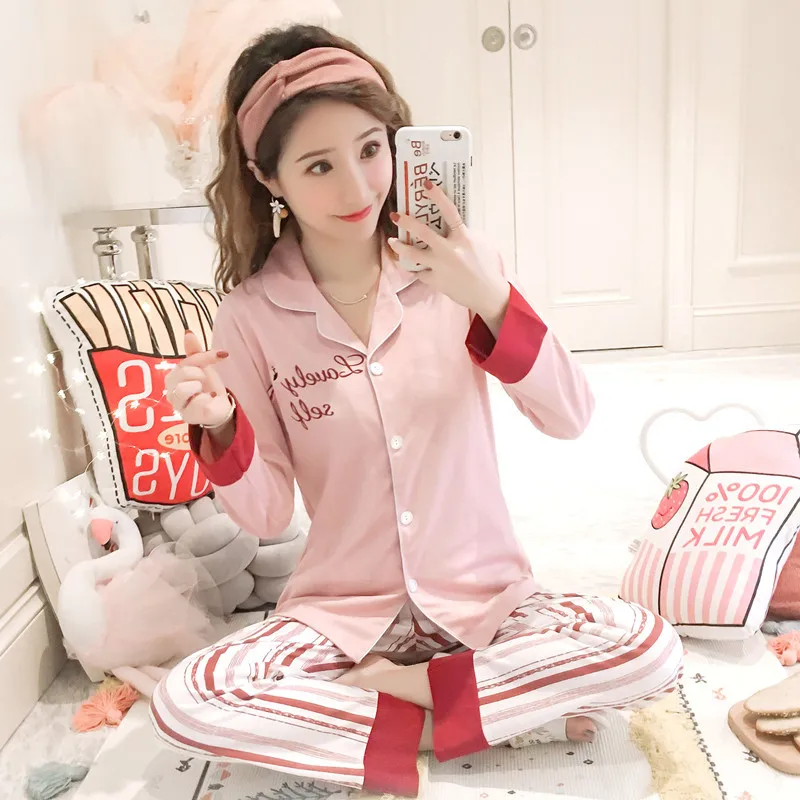 

918 # Lettered Flamingo Emblem Cardigan Xx Long Sleeve Sweet Pajamas Homewear Set Series