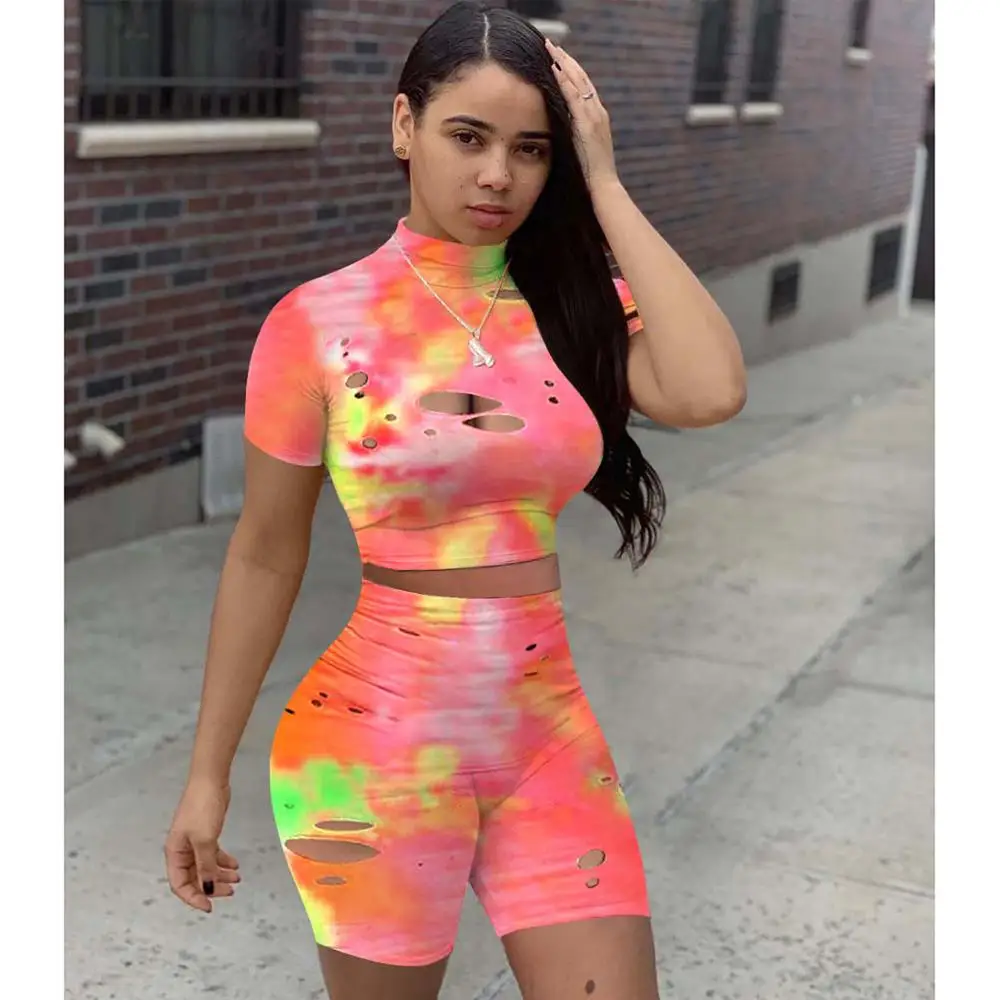 

2020 New Women Sport Two Piece Set Hole Stand Neck Tee Tops Shorts Jogger Pants Suit Tracksuit Matching Set