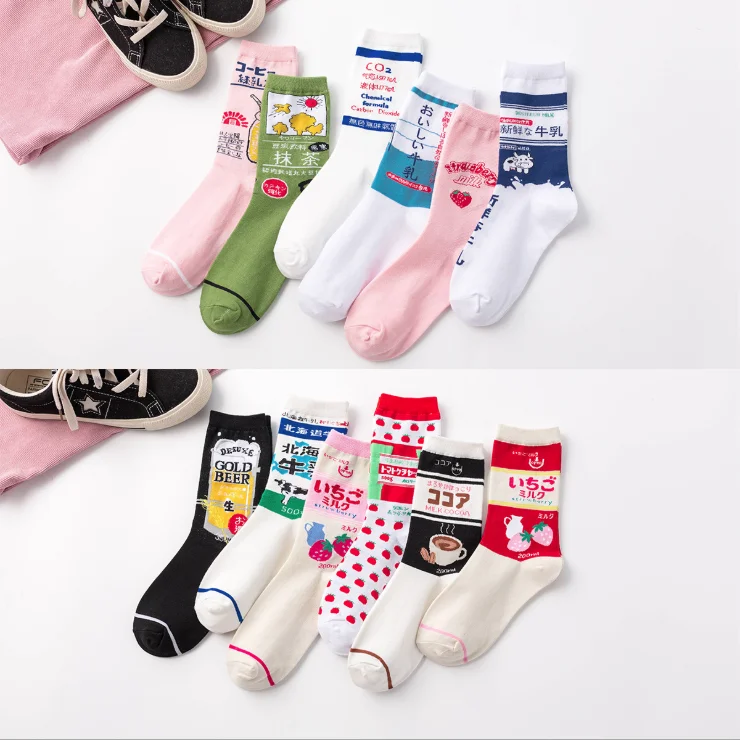 

Japanese Harajuku Cute Milk White Pink Funny Socks Strawberry Jacquard Fruit Juice Meias Kawaii Socks Women Skarpetki Sokken