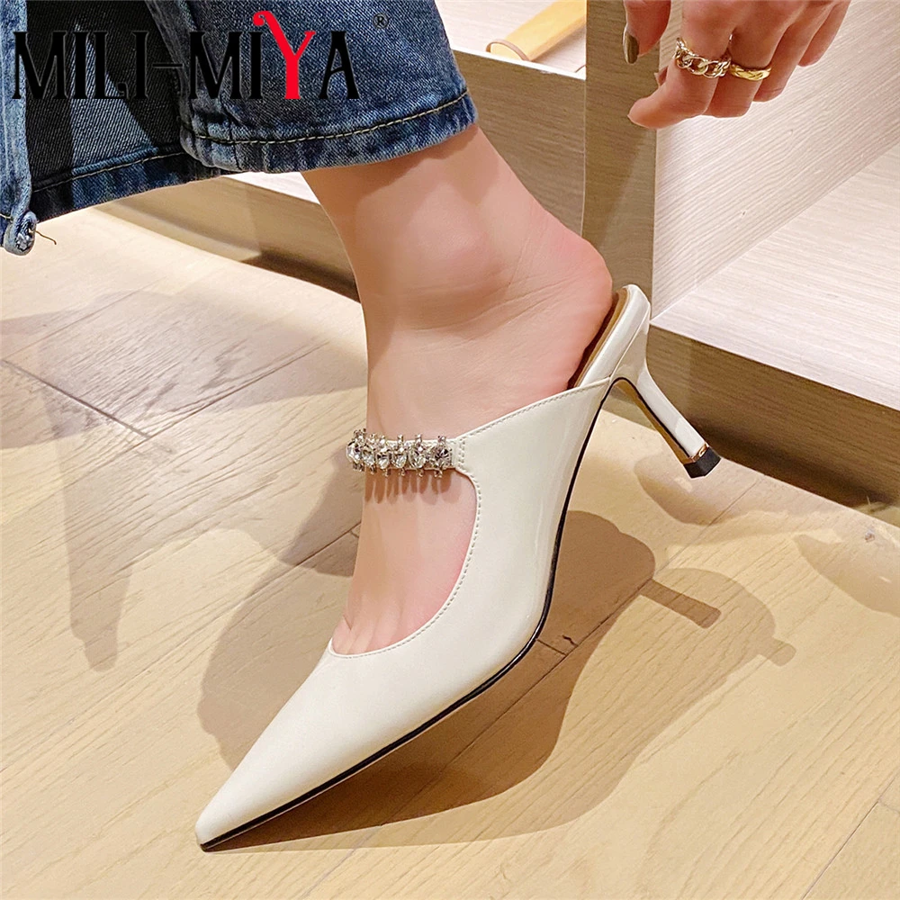 

MILI-MIYA Sexy Pointed Toe Women Genuine Leather Mules Crystal Thin Heels Slip On Solid Color Dress Party Summer Shoes For Lady