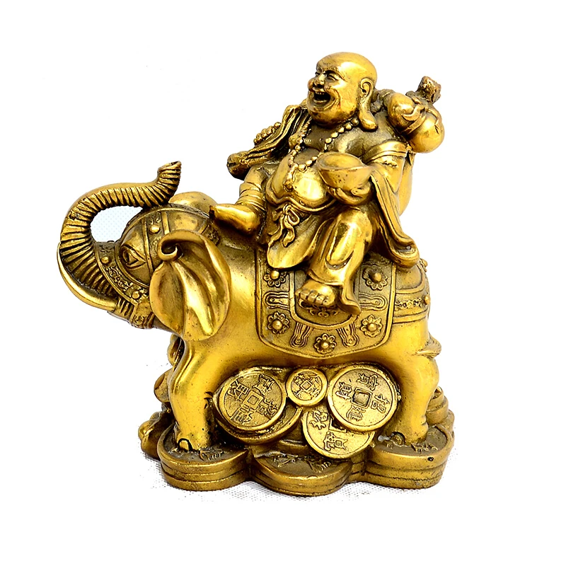 

Exquisite Chinese Bronze Wealth Money Spittor Golden Elephant Lucky Maitreya Buddha Statue