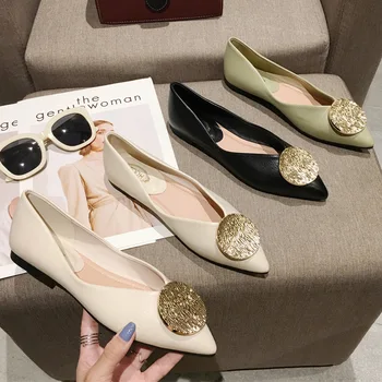 

2020 Shoes Women's Korean-style New Style Fashion round Buckle Flat Top Shoes Fresh Green Soft-Soled Shoes