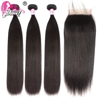 

Beauty Forever Brazilian Straight Human Hair Bundles With Closure 4*4 Free/Middle/Three Part Natural Color Remy Hair Extension
