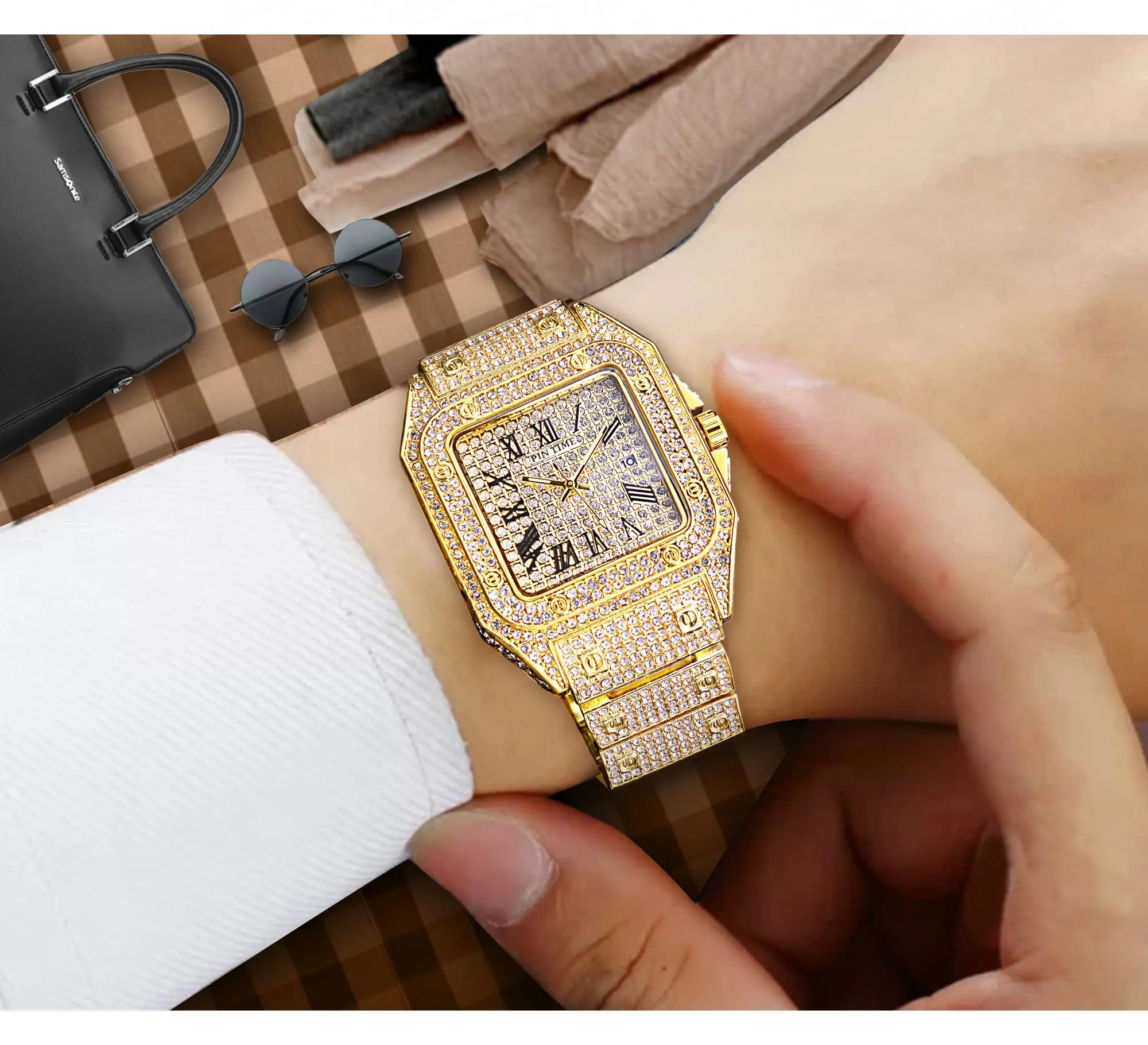Pin Time Diamond Men Quartz Watch Luxury Golden Wristwatch Waterproof Outdoor Watches With Luminous Hands Fashion Gift For Man