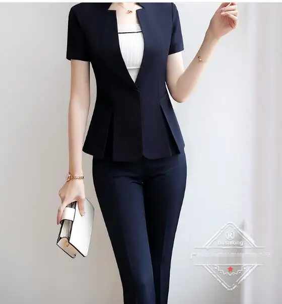 black pant suit Летняя официальная Женская юбка костюм Красная куртка с коротким рукавом и юбка комплект из двух предметов бизнес интервью офисный комплект - Цвет: black pant suit