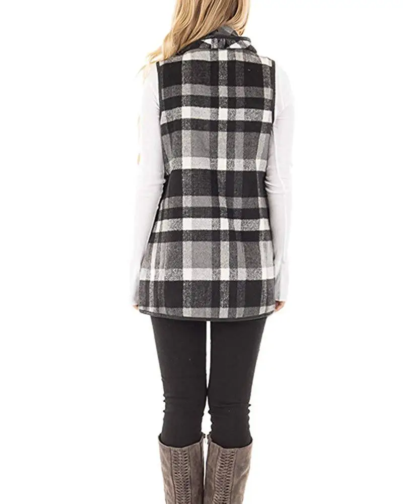 Autumn Office Ladies Vest Sleeveless Turn Down Neck Open Front Jacket Check Plaid Cardigan Casual Women Long Waistcoat