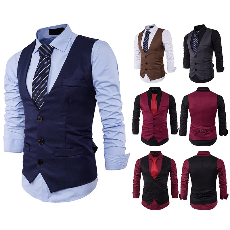 Стиль Мужская мода Slim Fit однорядные три пряжки сплошной цвет джентльмен костюм жилет M16