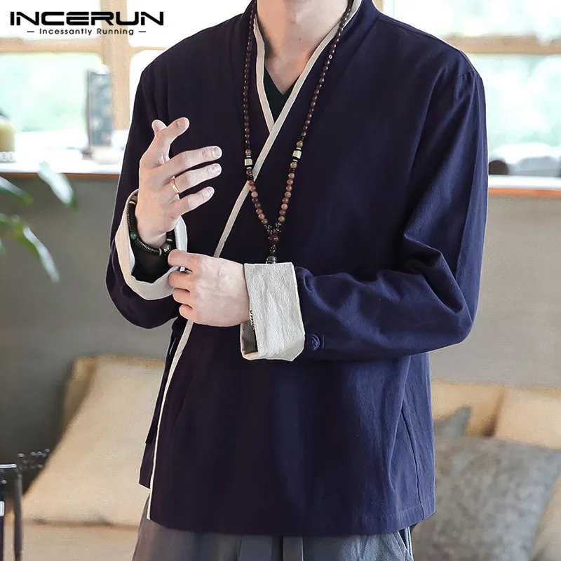 

INCERUN Autumn Casual Men Harajuku Yukata Coat Kimono Stylish Comfort Patchwork Cotton Linen Retro Baggy Mens Jackets Cardigan
