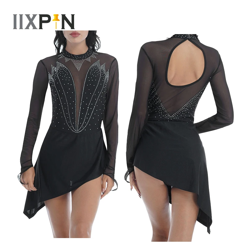 

Women Rhinestone Mesh Long Sleeve Dance Dress Figure Skating Dress Ballet Dance Gymnastics Leotard Dress Lyrical Dance Costumes