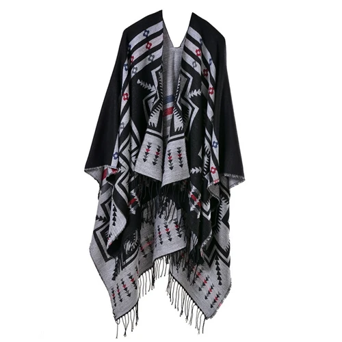 Роскошный модный кардиган из пашмины, зимний платок-шарф с кисточками, Bohe, шарф с рисунком, женский шарф с принтом, большие размеры, шали шарфы - Цвет: black1