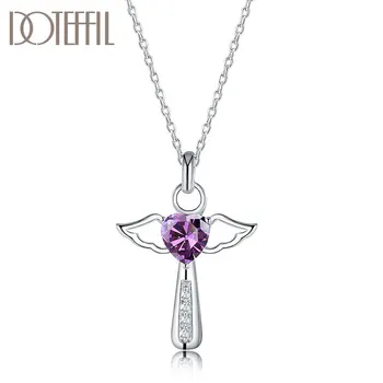 

DOTEFFIL 925 Sterling Silver 18 Inch Chain Cross Heart Purple/White AAA Zircon Necklace For Women Fashion Wedding Charm Jewelry