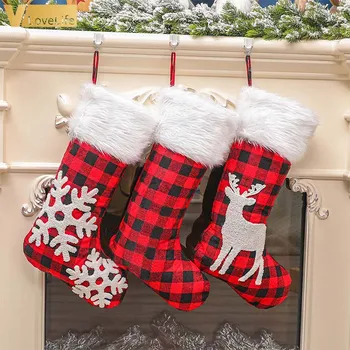 

Christmas Plaid Stockings Deer Snowflake Pattern Gift Hanging Tag Knit Border Xmas Character 3D Christmas Decor Pendant 2020