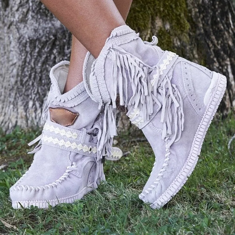 Dropshipping Women Ankle Short Boots Tassels Round Toe Buckle Strap Boots Ethnic Warm Non-slip Boots Shoe For Ladies Botas Mujer