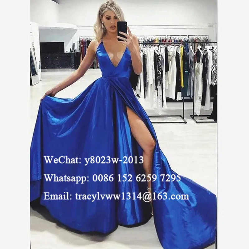 

Royal Blue Stain Formal Evening Dress Long Chapel Train 2020 Sexy Side Split Spaghetti Strap A Line Prom Dresses Celebrity Gown