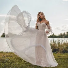 

Eightree Sparky Glitter Long Sleeve Wedding Dresses 2021 Puff Sweetheart Sexy Wedding Gowns Rustic Country Bride Dress Mariage