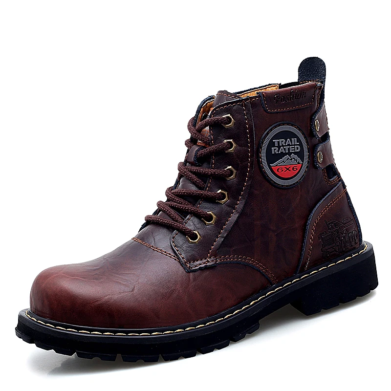 Осенне-зимние рабочие ботинки для мужчин; черные высокие мужские повседневные ботинки; брендовые модные мотоботы; мужские ботинки из натуральной кожи - Цвет: Red Brown